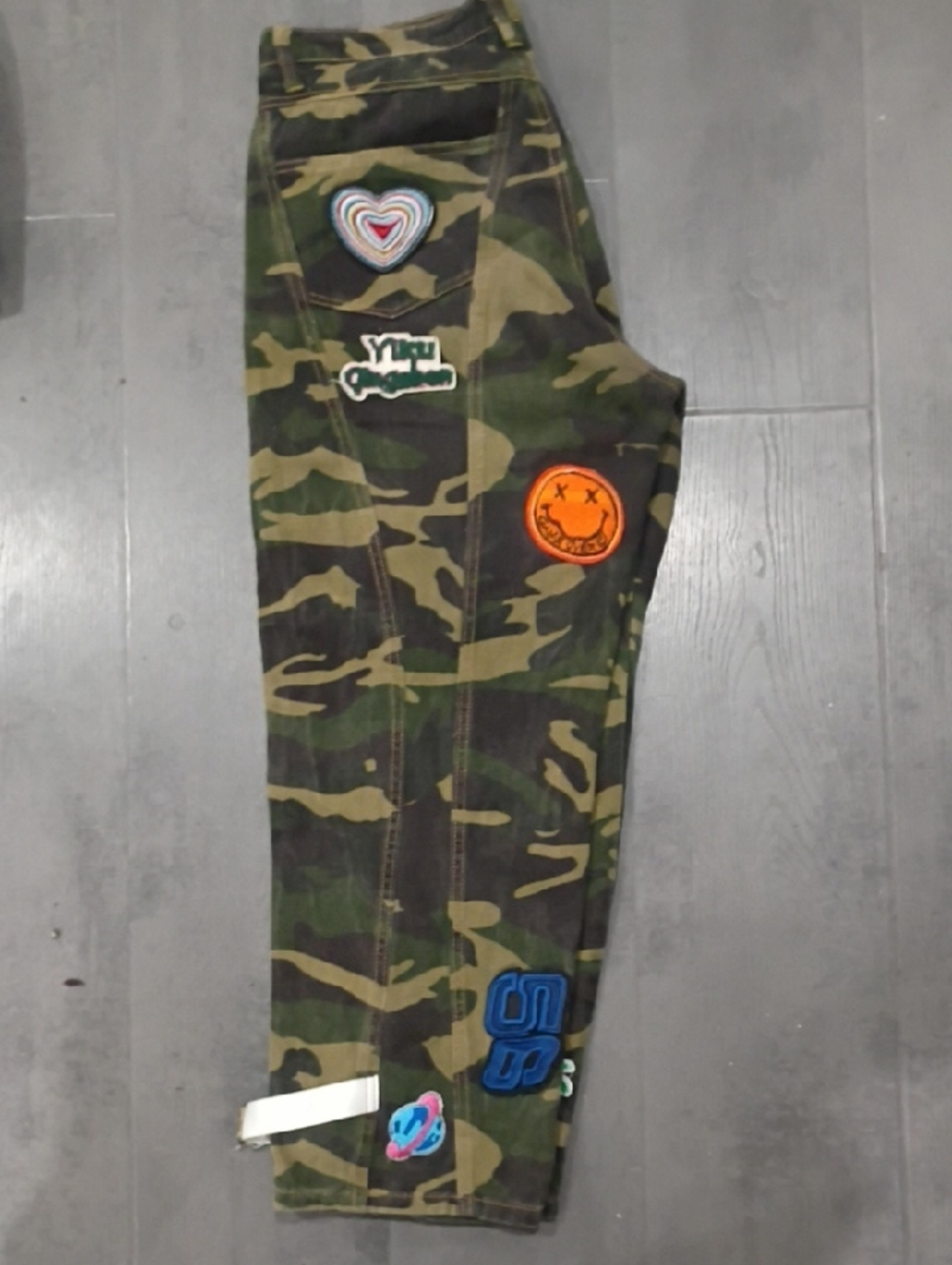 Old Navy Camouflage Cargo Pants with Colorful Patch Accents
